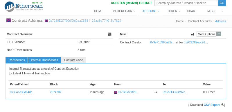 Etherscan shows the internal transaction transferring ether out from the contract